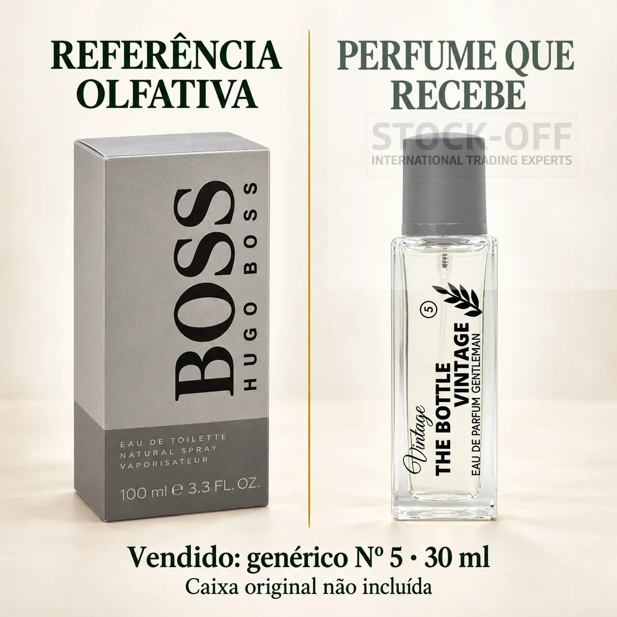 Referência olfativa à esquerda e frasco do perfume genérico Nº 5 de 30 ml vendido à direita. Caixa original não incluída.