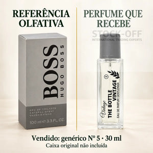 Referência olfativa à esquerda e frasco do perfume genérico Nº 5 de 30 ml vendido à direita. Caixa original não incluída.