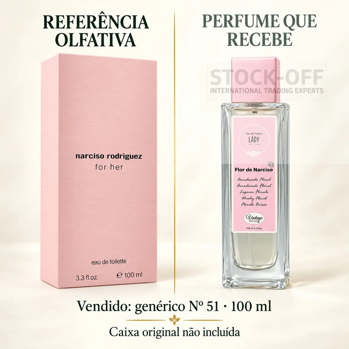Referência olfativa à esquerda e frasco do perfume genérico Nº 51 de 100 ml vendido à direita. Caixa original não incluída.