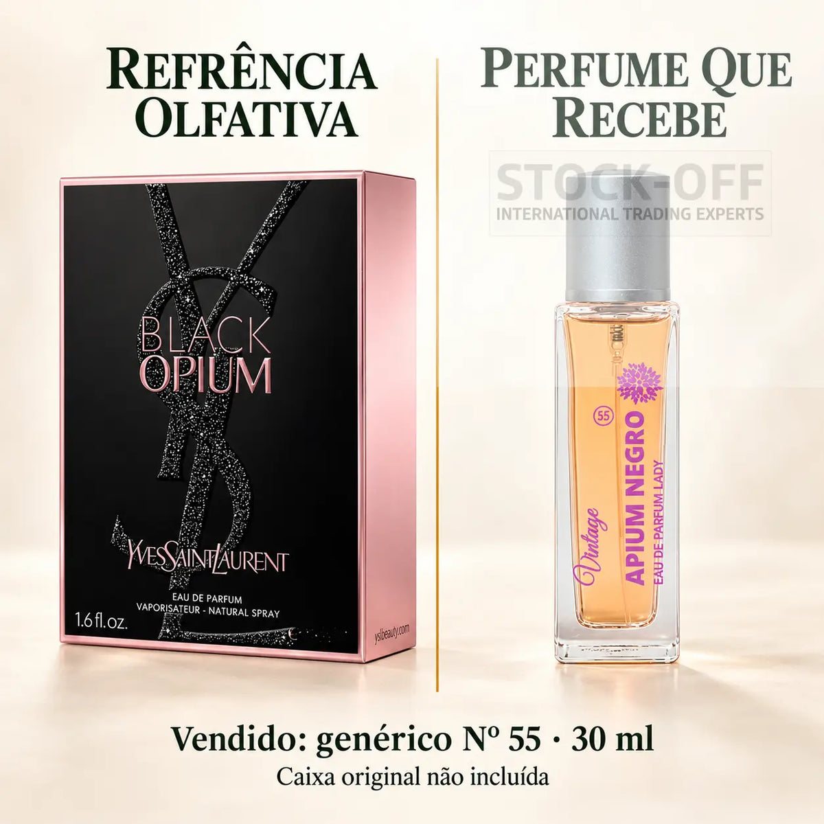 Referência olfativa à esquerda e frasco do perfume genérico Nº 55 de 30 ml vendido à direita. Caixa original não incluída.