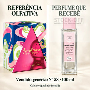 Referência olfativa à esquerda e frasco do perfume genérico Nº 58 de 100 ml vendido à direita. Caixa original não incluída.