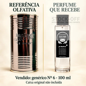 Referência olfativa à esquerda e frasco do perfume genérico Nº 6 de 100 ml vendido à direita. Caixa original não incluída.