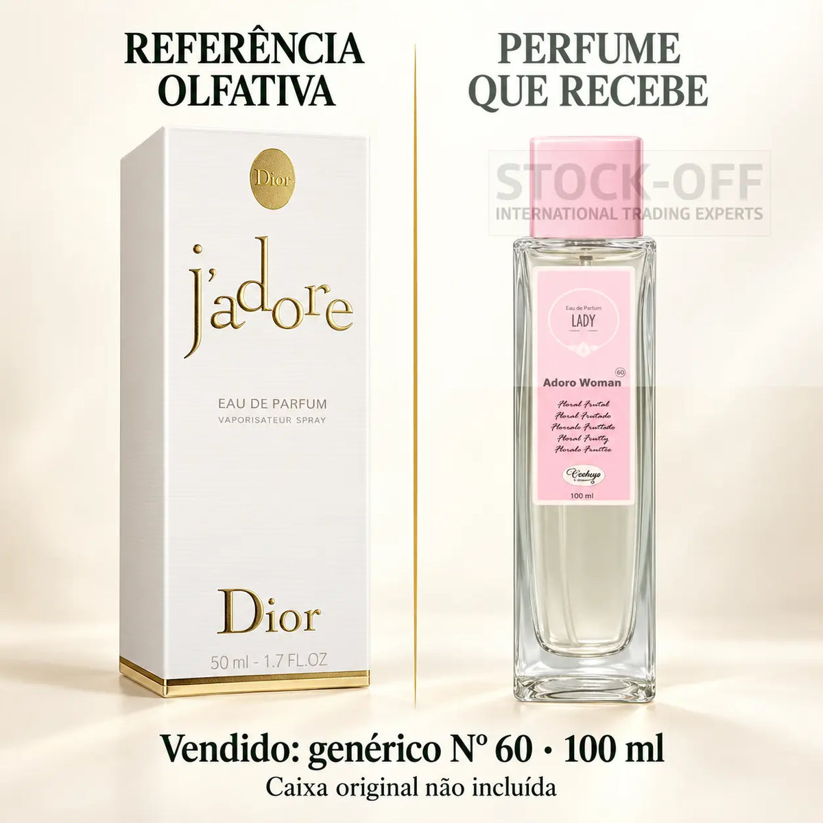 Referência olfativa à esquerda e frasco do perfume genérico Nº 60 de 100 ml vendido à direita. Caixa original não incluída.