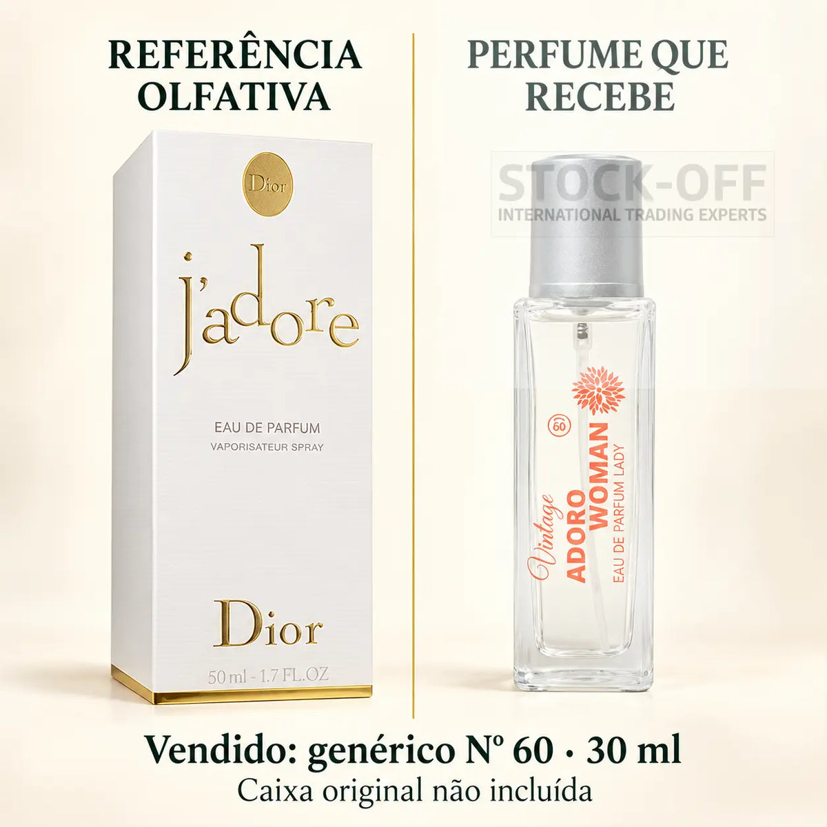Referência olfativa à esquerda e frasco do perfume genérico Nº 60 de 30 ml vendido à direita. Caixa original não incluída.