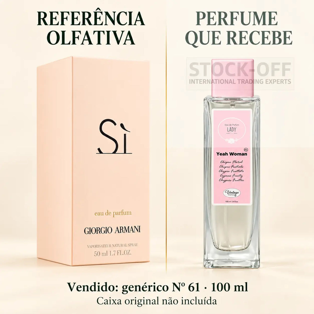 Referência olfativa à esquerda e frasco do perfume genérico Nº 61 de 100 ml vendido à direita. Caixa original não incluída.