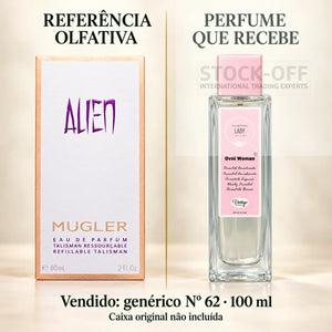 Referência olfativa à esquerda e frasco do perfume genérico Nº 62 de 100 ml vendido à direita. Caixa original não incluída.