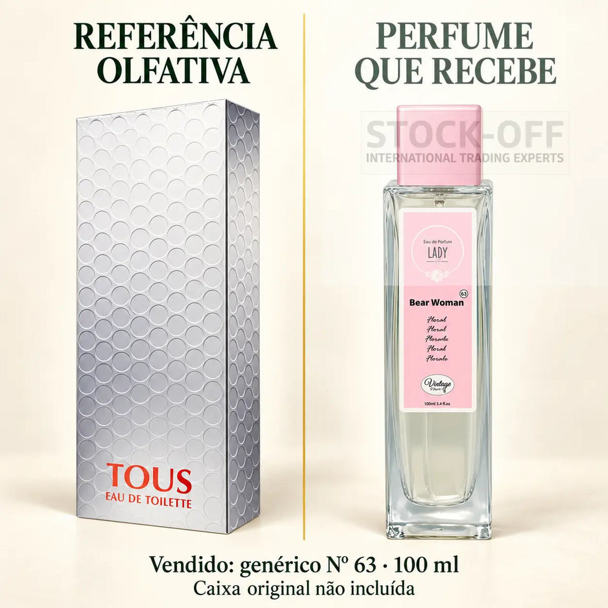 Referência olfativa à esquerda e frasco do perfume genérico Nº 63 de 100 ml vendido à direita. Caixa original não incluída.