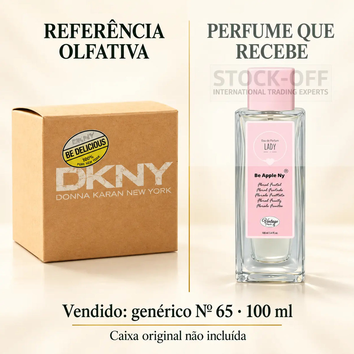 Referência olfativa à esquerda e frasco do perfume genérico Nº 65 de 100 ml vendido à direita. Caixa original não incluída.