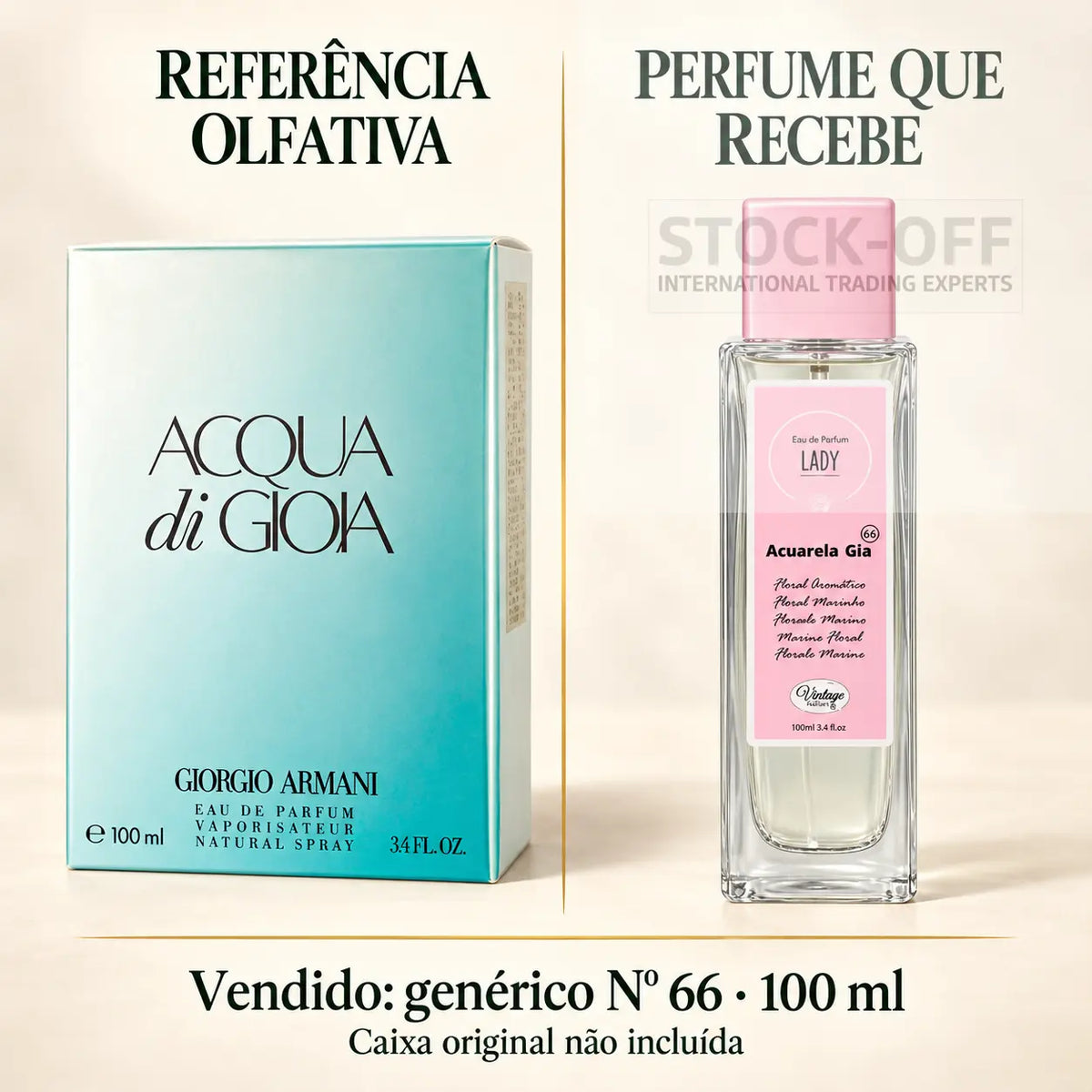 Referência olfativa à esquerda e frasco do perfume genérico Nº 66 de 100 ml vendido à direita. Caixa original não incluída.