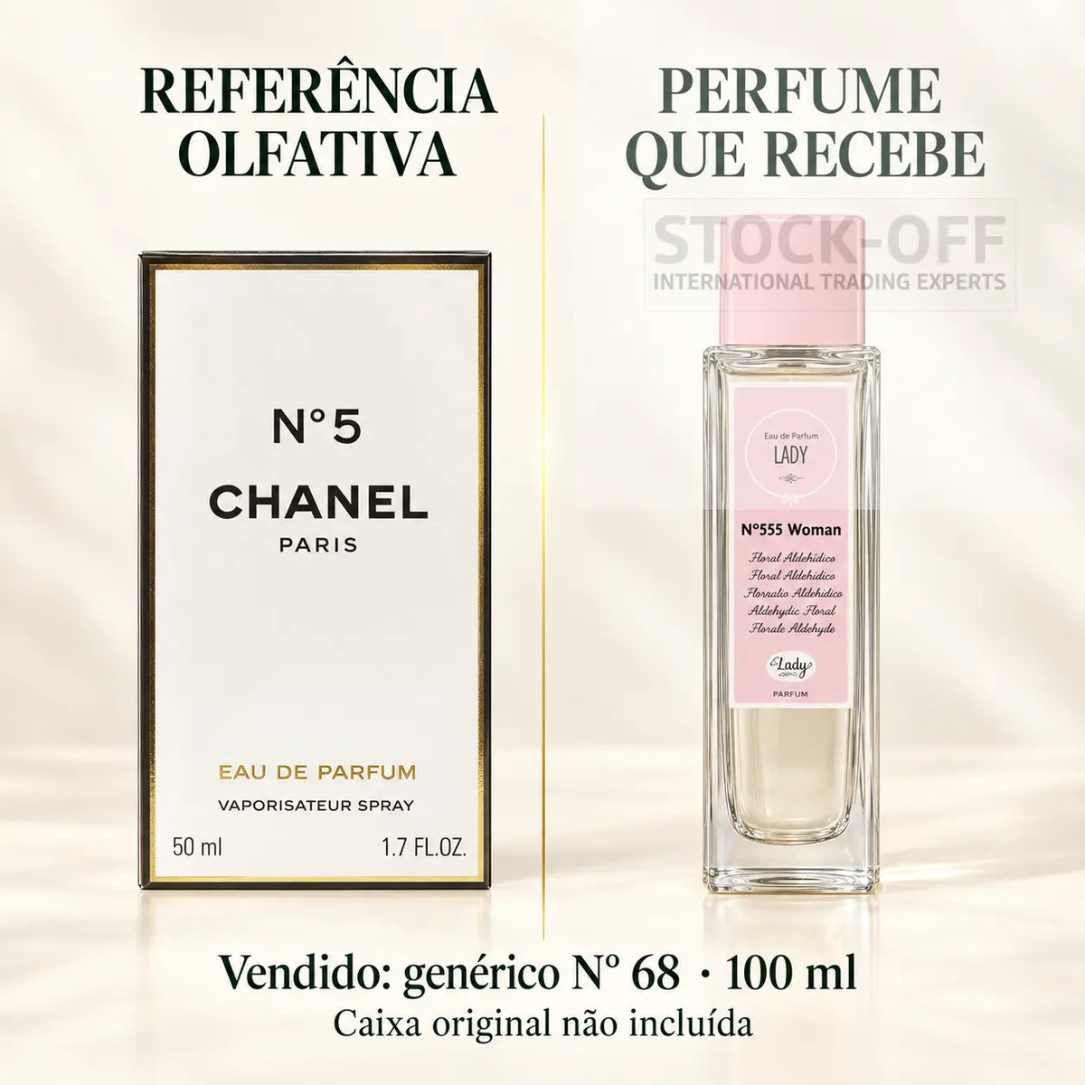 Referência olfativa à esquerda e frasco do perfume genérico Nº 68 de 100 ml vendido à direita. Caixa original não incluída.