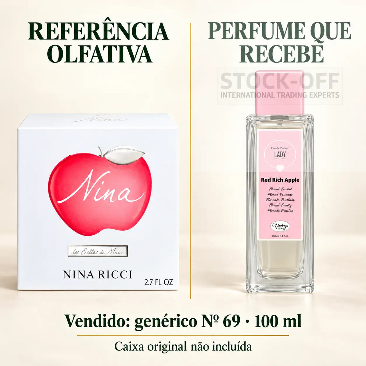 Referência olfativa à esquerda e frasco do perfume genérico Nº 69 de 100 ml vendido à direita. Caixa original não incluída.