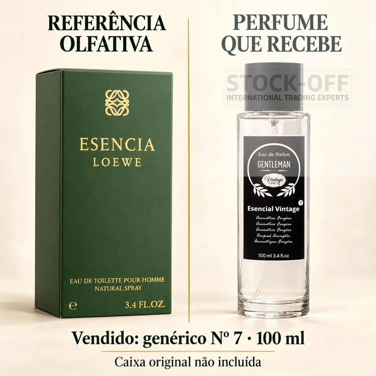 Referência olfativa à esquerda e frasco do perfume genérico Nº 7 de 100 ml vendido à direita. Caixa original não incluída.