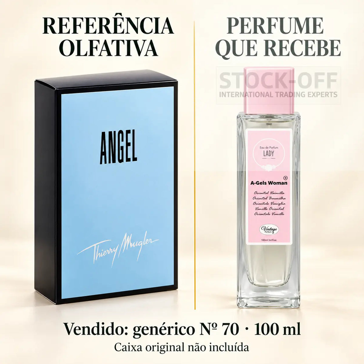 Referência olfativa à esquerda e frasco do perfume genérico Nº 70 de 100 ml vendido à direita. Caixa original não incluída.