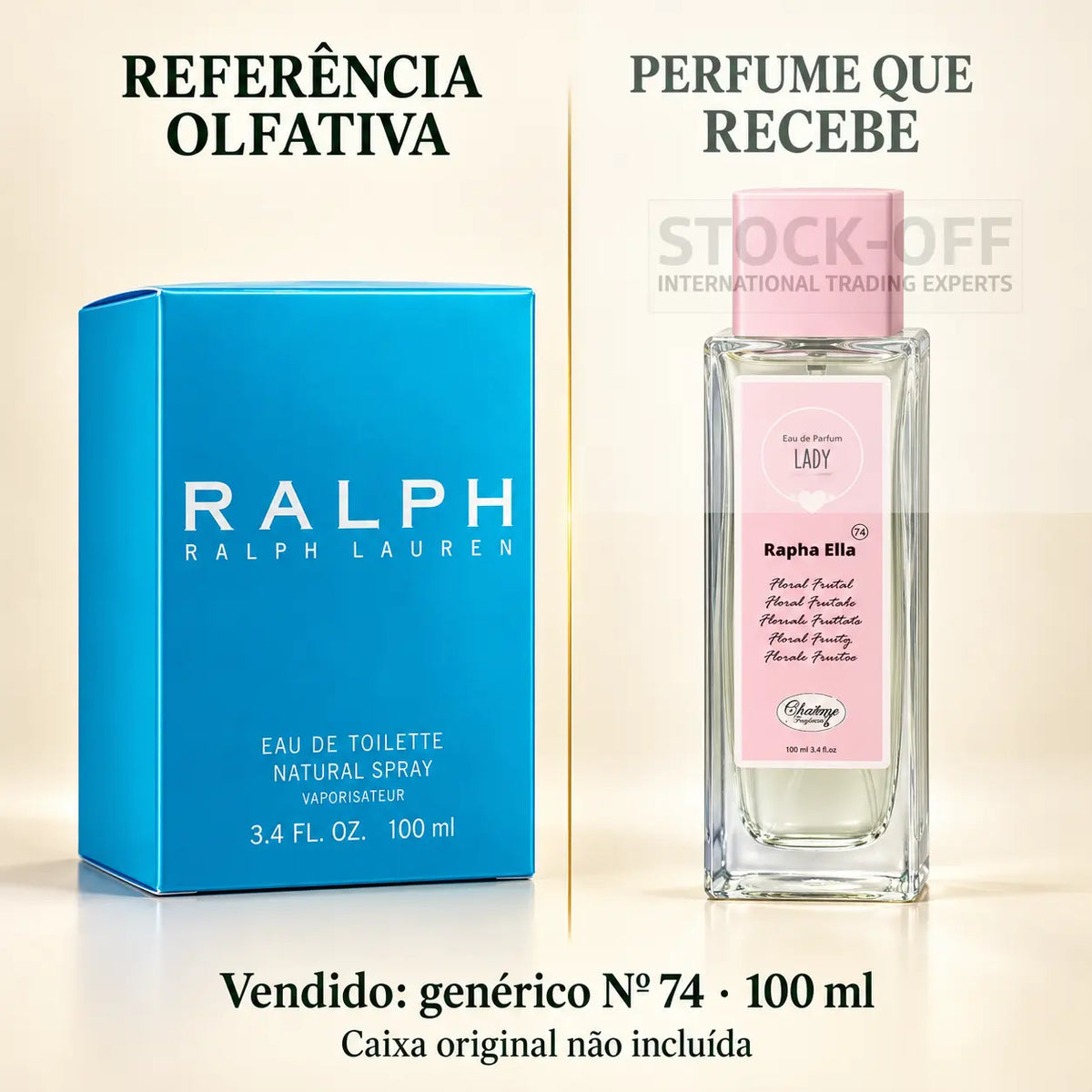 Referência olfativa à esquerda e frasco do perfume genérico Nº 74 de 100 ml vendido à direita. Caixa original não incluída.