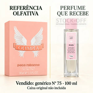 Referência olfativa à esquerda e frasco do perfume genérico Nº 75 de 100 ml vendido à direita. Caixa original não incluída.