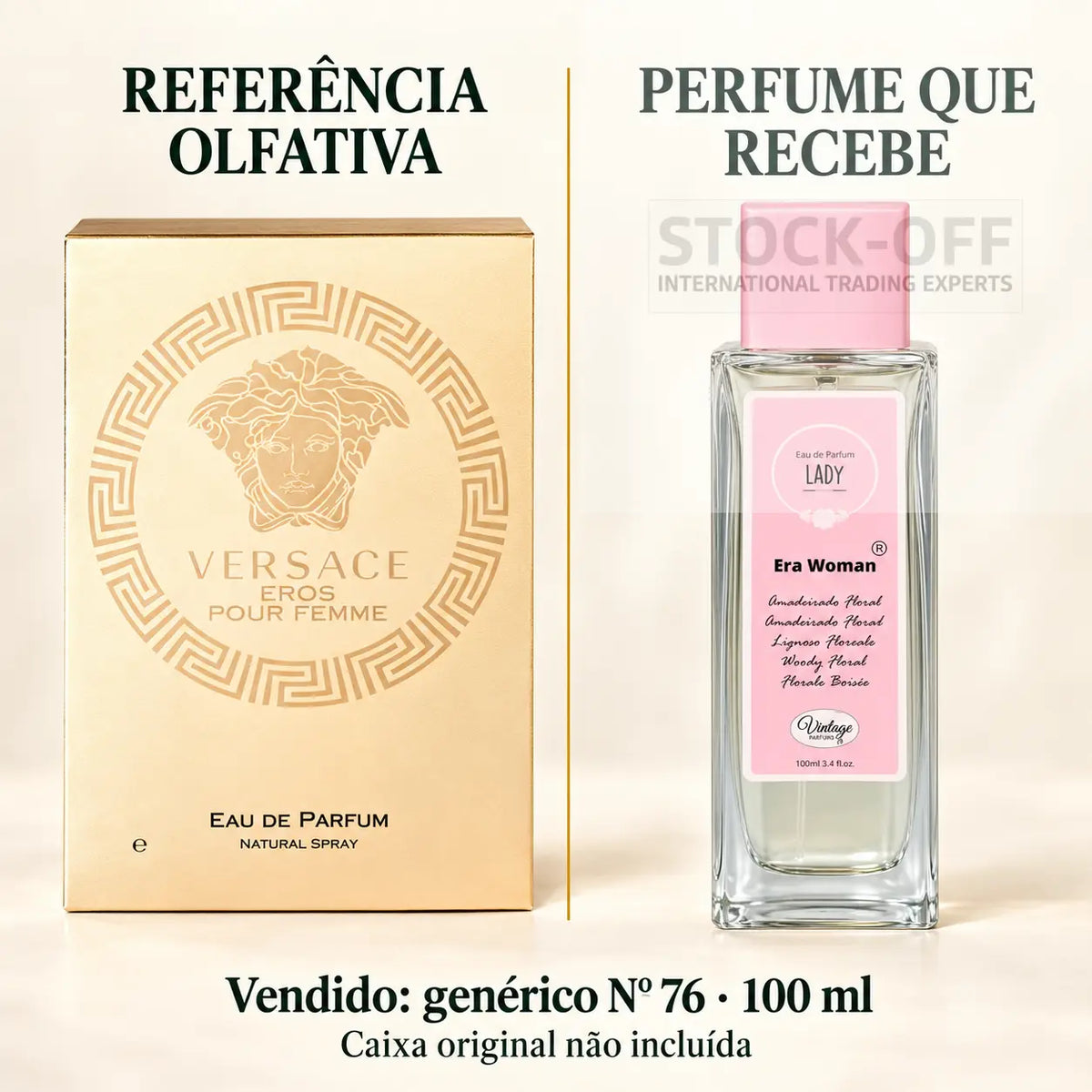 Referência olfativa à esquerda e frasco do perfume genérico Nº 76 de 100 ml vendido à direita. Caixa original não incluída.