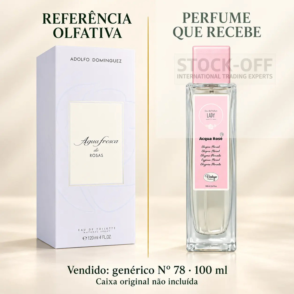 Referência olfativa à esquerda e frasco do perfume genérico Nº 78 de 100 ml vendido à direita. Caixa original não incluída.