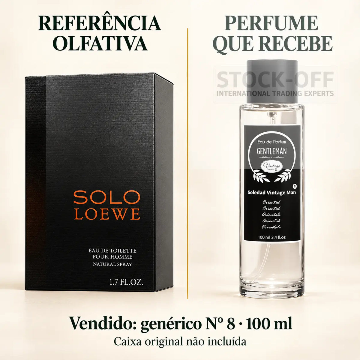 Referência olfativa à esquerda e frasco do perfume genérico Nº 8 de 100 ml vendido à direita. Caixa original não incluída.