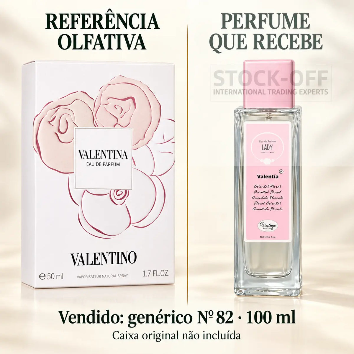 Referência olfativa à esquerda e frasco do perfume genérico Nº 82 de 100 ml vendido à direita. Caixa original não incluída.
