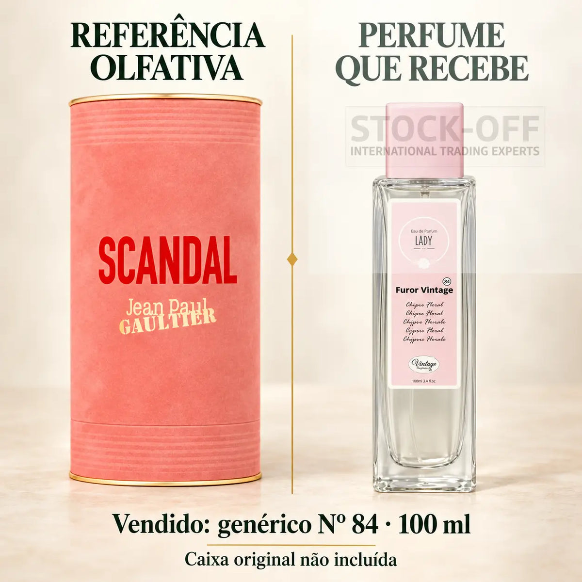 Referência olfativa à esquerda e frasco do perfume genérico Nº 84 de 100 ml vendido à direita. Caixa original não incluída.