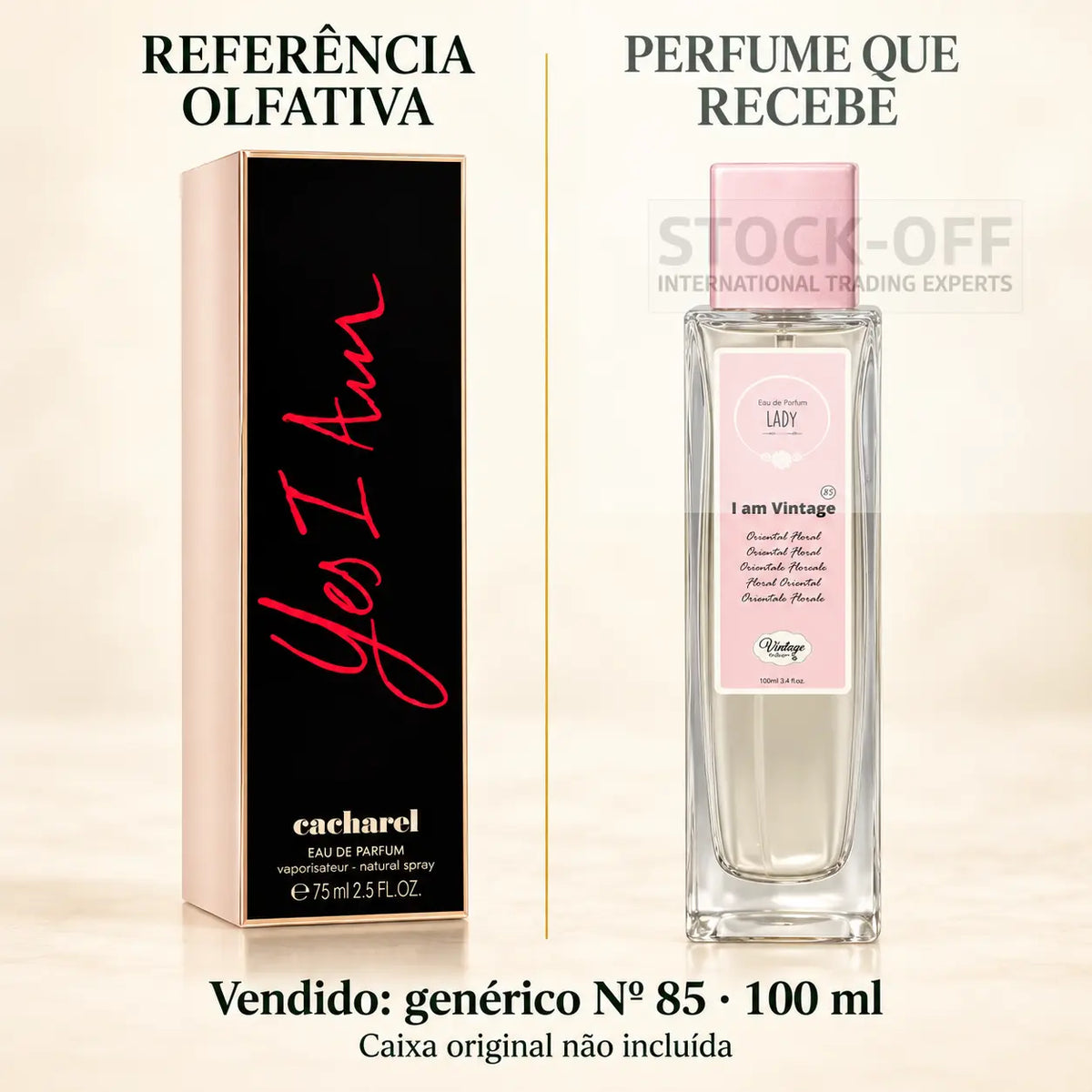 Referência olfativa à esquerda e frasco do perfume genérico Nº 85 de 100 ml vendido à direita. Caixa original não incluída.