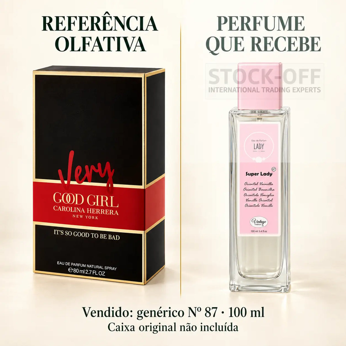 Referência olfativa à esquerda e frasco do perfume genérico Nº 87 de 100 ml vendido à direita. Caixa original não incluída.