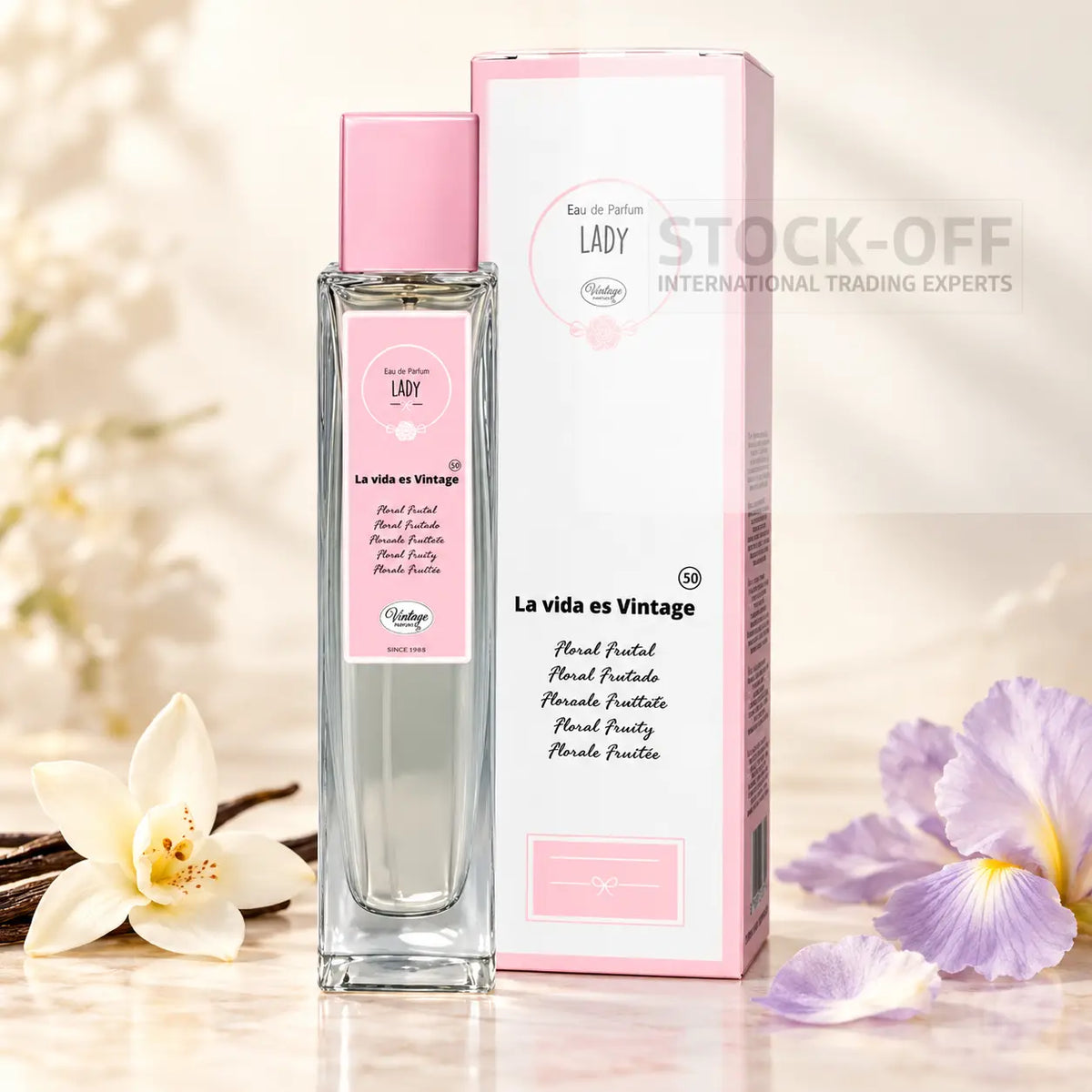 Perfume genérico Nº 50, frasco e embalagem de 100 ml, apresentação com baunilha e íris